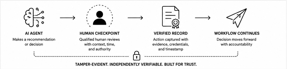 The checkpoint flow. An AI agent makes a recommendation or decision; a human checkpoint where a qualified human reviews with context, time and authority; a verified record capturing the action with evidence, credentials and timestamp; then the workflow continues with accountability. The whole chain is tamper evident, independently verifiable, built for trust.