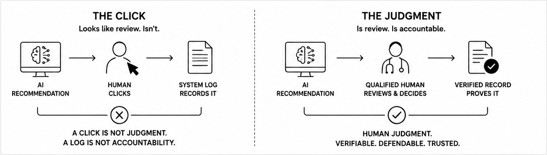 The click versus the judgment. On the left, an AI recommendation goes to a human who clicks and a system log records it: a click is not judgment, a log is not accountability. On the right, an AI recommendation goes to a qualified human who reviews and decides, producing a verified record: human judgment, verifiable, defendable, trusted.